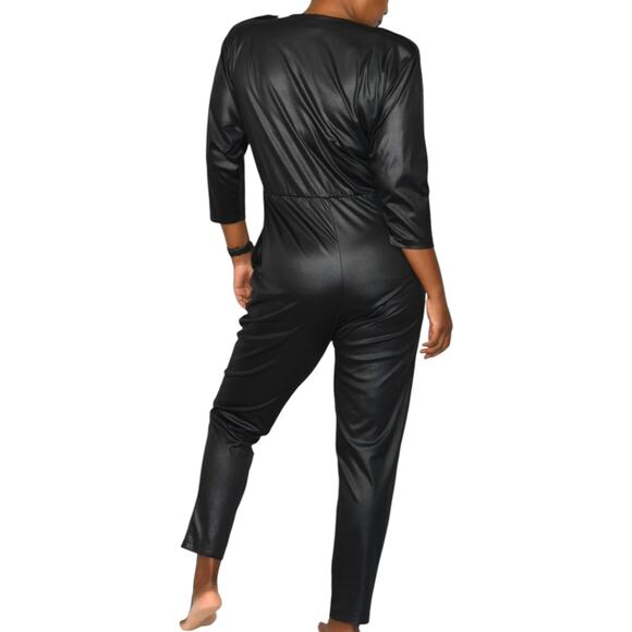 Vintage Stash Wet Look Jumpsuit Black Faux Leather Shiny 80s Shoulder Pads Small - Picture 5 of 15